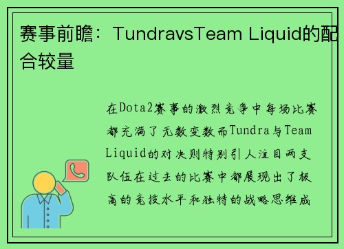 赛事前瞻：TundravsTeam Liquid的配合较量