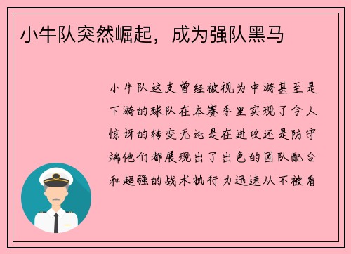 小牛队突然崛起，成为强队黑马